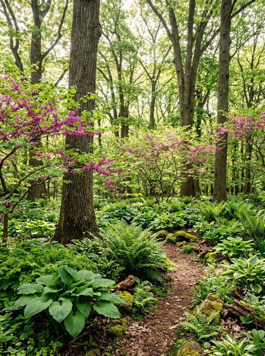 Woodland Style Layered Landscape - 30 layered front yard landscaping ideas
