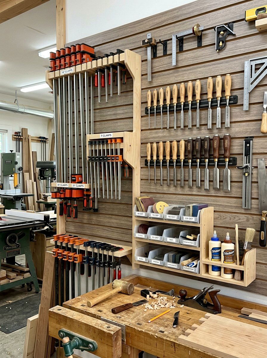 Woodworking tool storage layout - 30 garage slatwall ideas