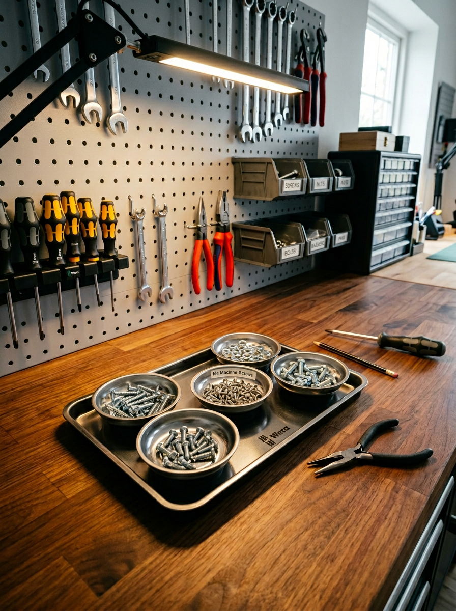 Workbench Magnetic Tray Area - 30 shed organization ideas