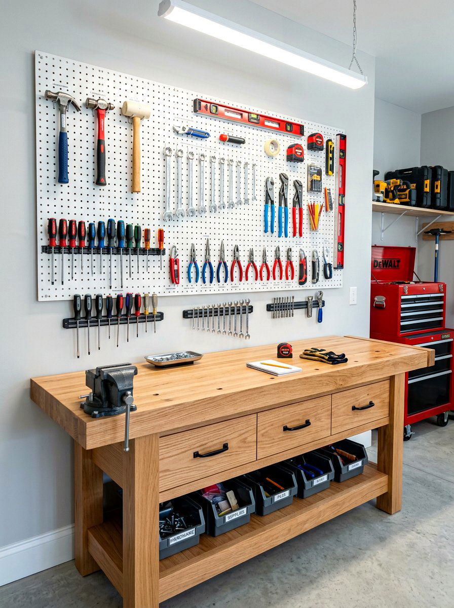 Workbench Wall Organizer - 30 garage pegboard ideas