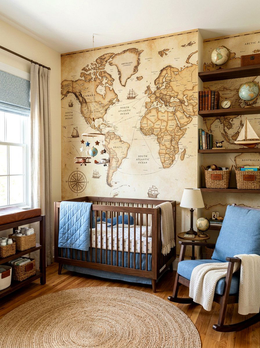 World Map Nursery Mural - 30 vintage baby room ideas