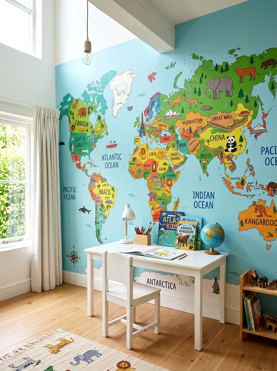 World Map Wallpaper - 30 kids desk wall ideas