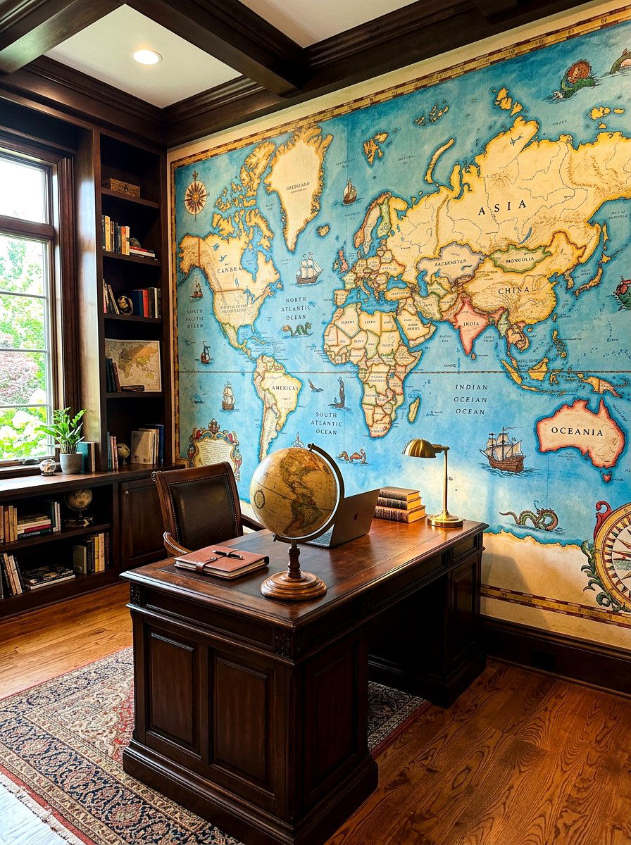 World map mural wall - 30 office accent wall ideas