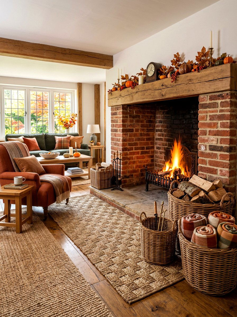 Woven Basket Autumn Fireplace Floor - 30 fall mantel styling ideas