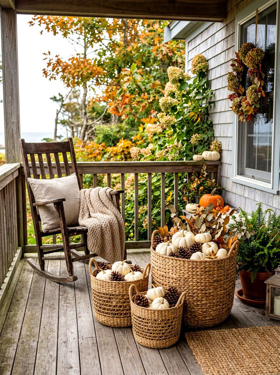 Woven Basket Autumn Porch - 30 natural autumn porch ideas