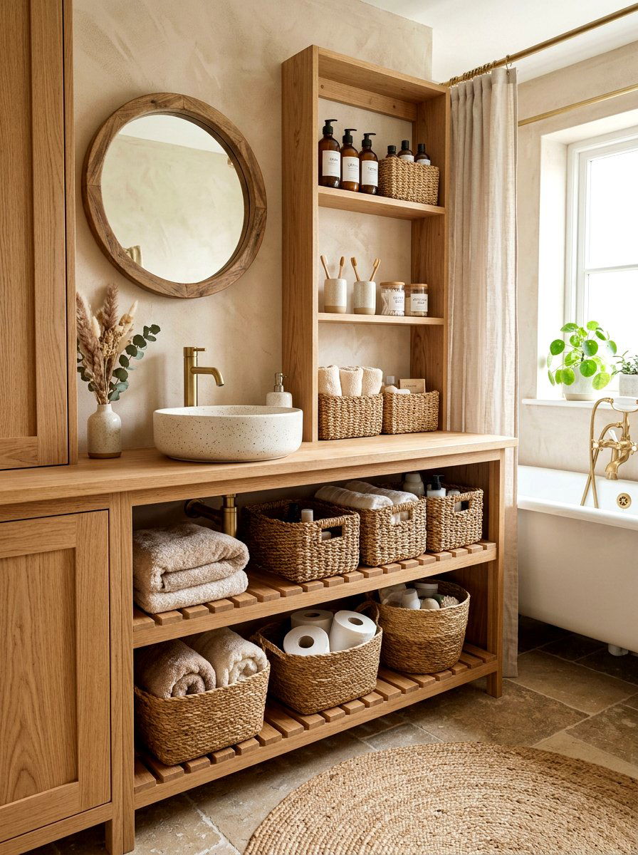 Woven Basket Bathroom Shelf - 30 medicine cabinet organization ideas