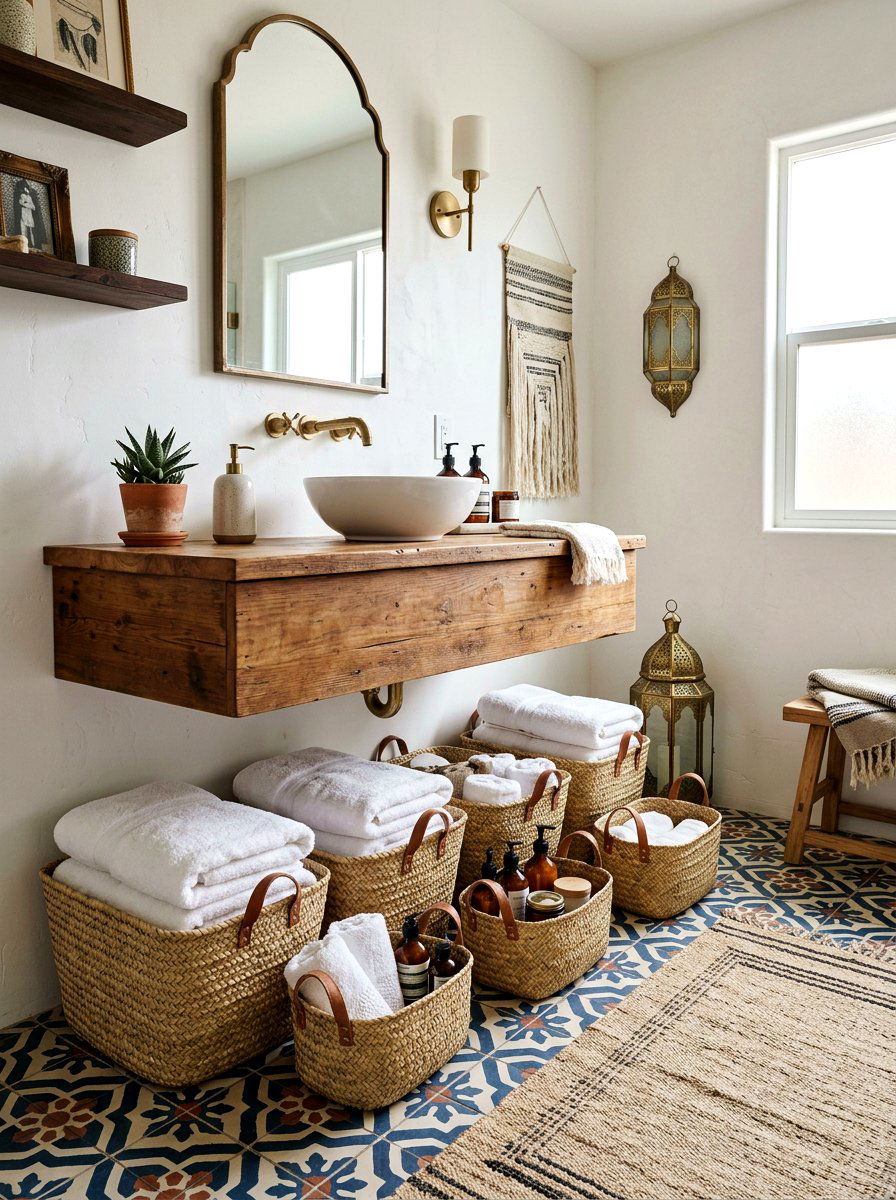 Woven Basket Bathroom Storage - 30 Moroccan bathroom ideas