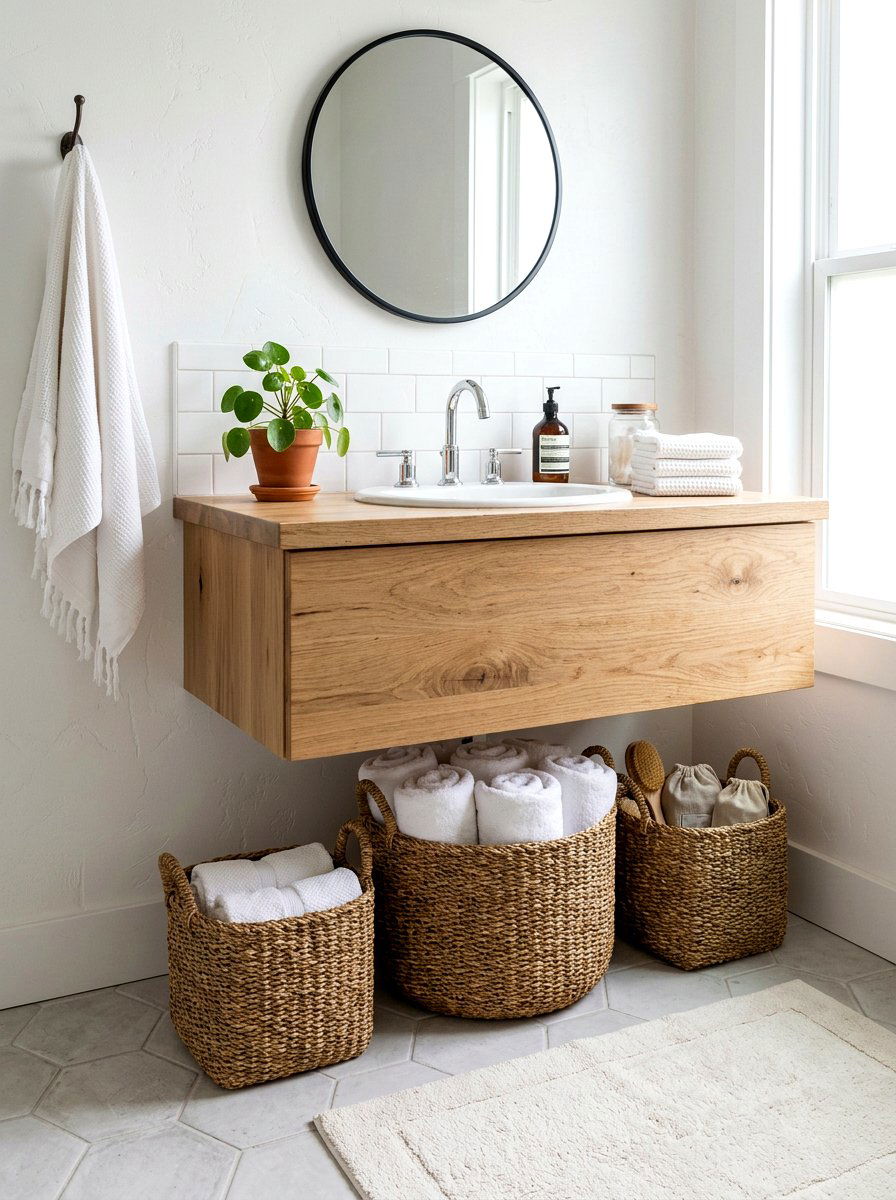 Woven Basket Bathroom Storage - 30 guest powder room decor ideas
