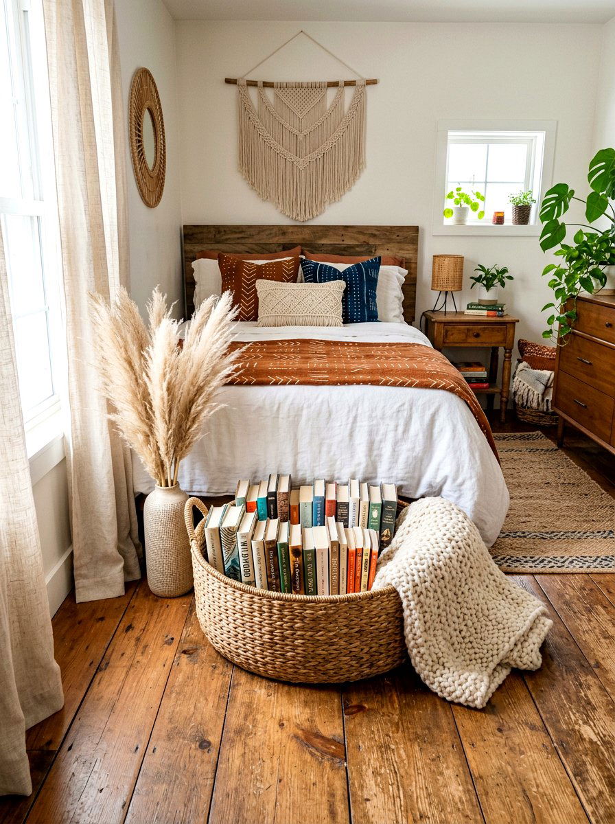 Woven Basket Book Arrangement - 30 stacked book table ideas