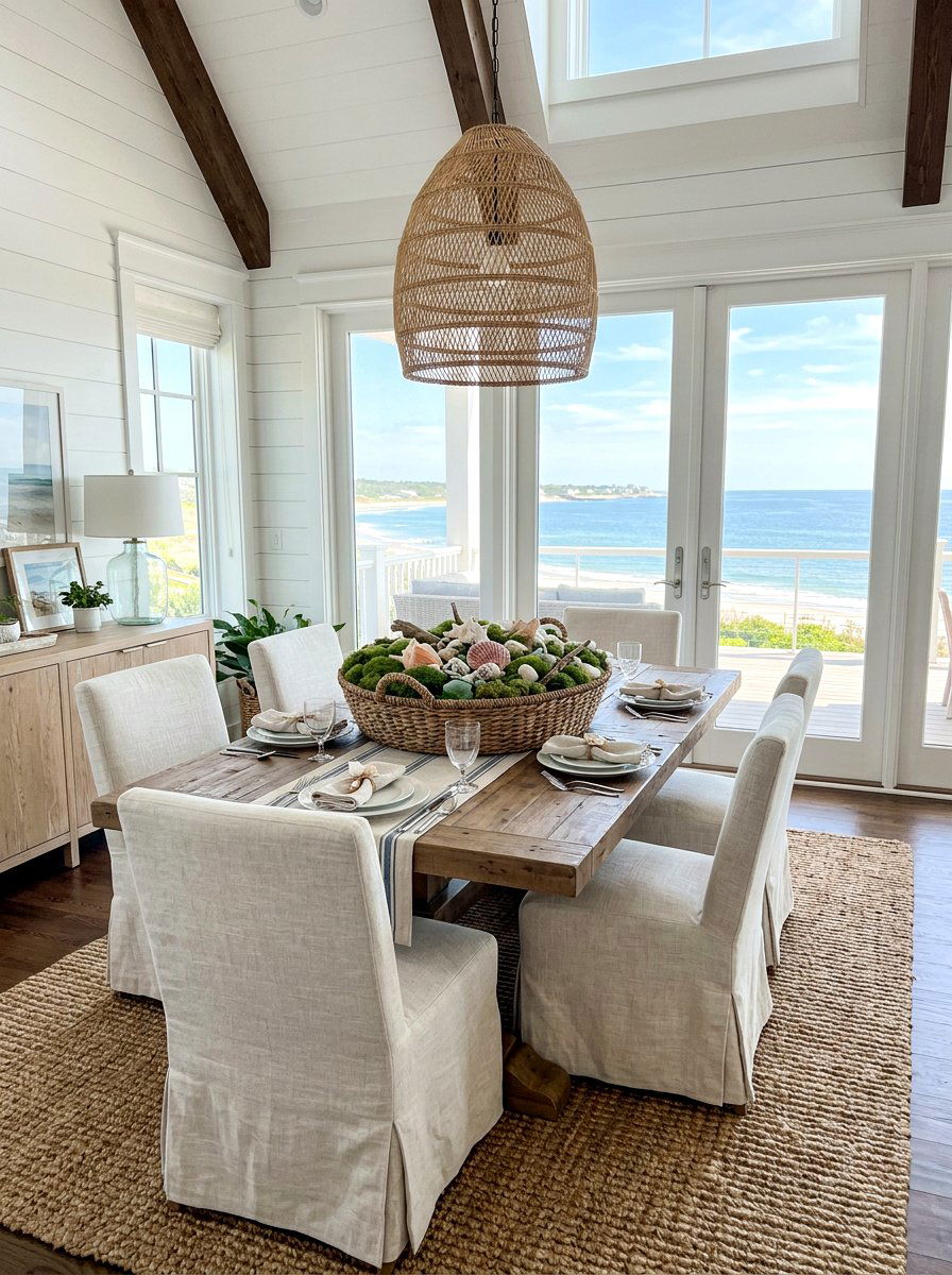 Woven Basket Centerpiece - 30 coastal table decor ideas