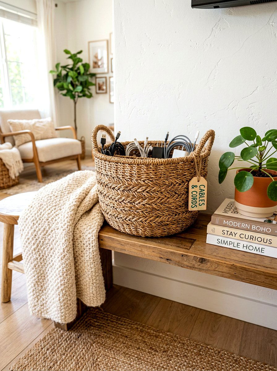 Woven Basket Cord Organizer - 30 charging station entryway ideas