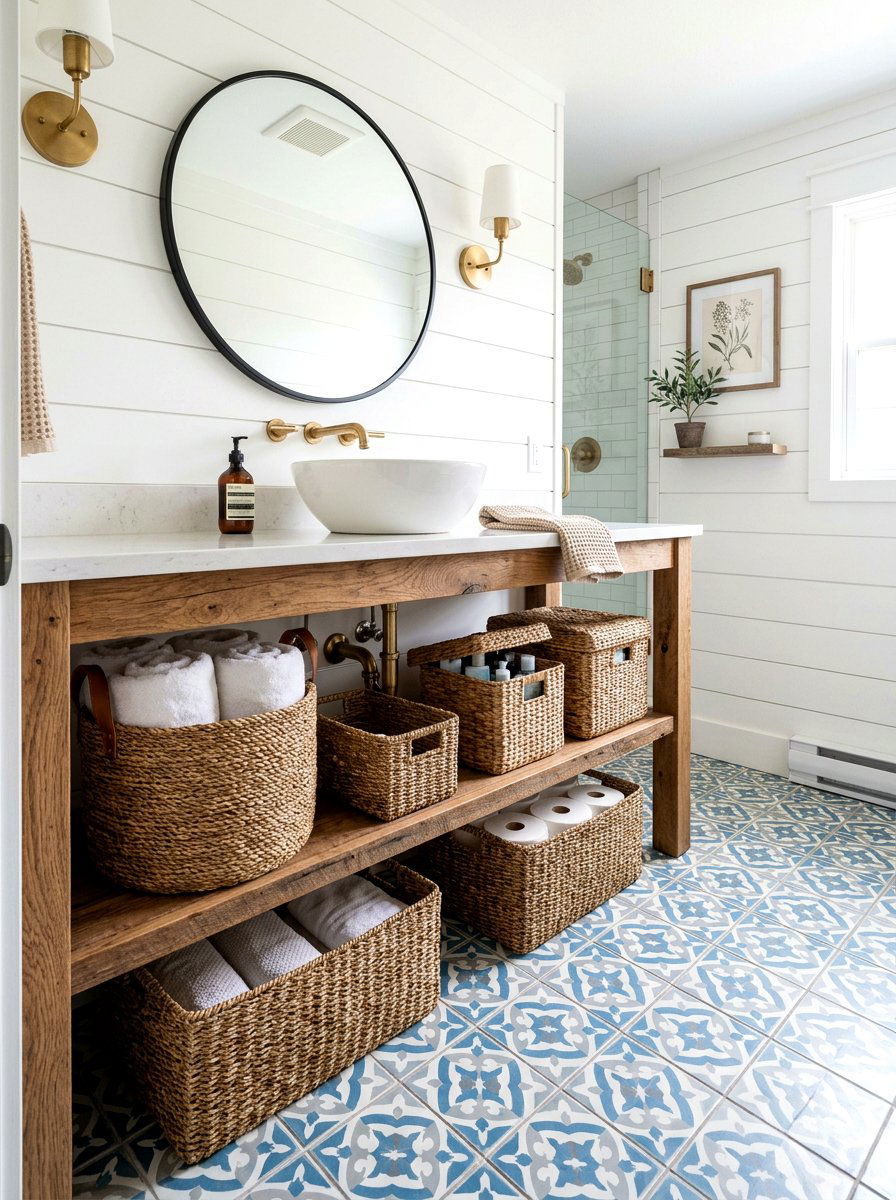 Woven Basket Decor - 30 farmhouse bathroom ideas