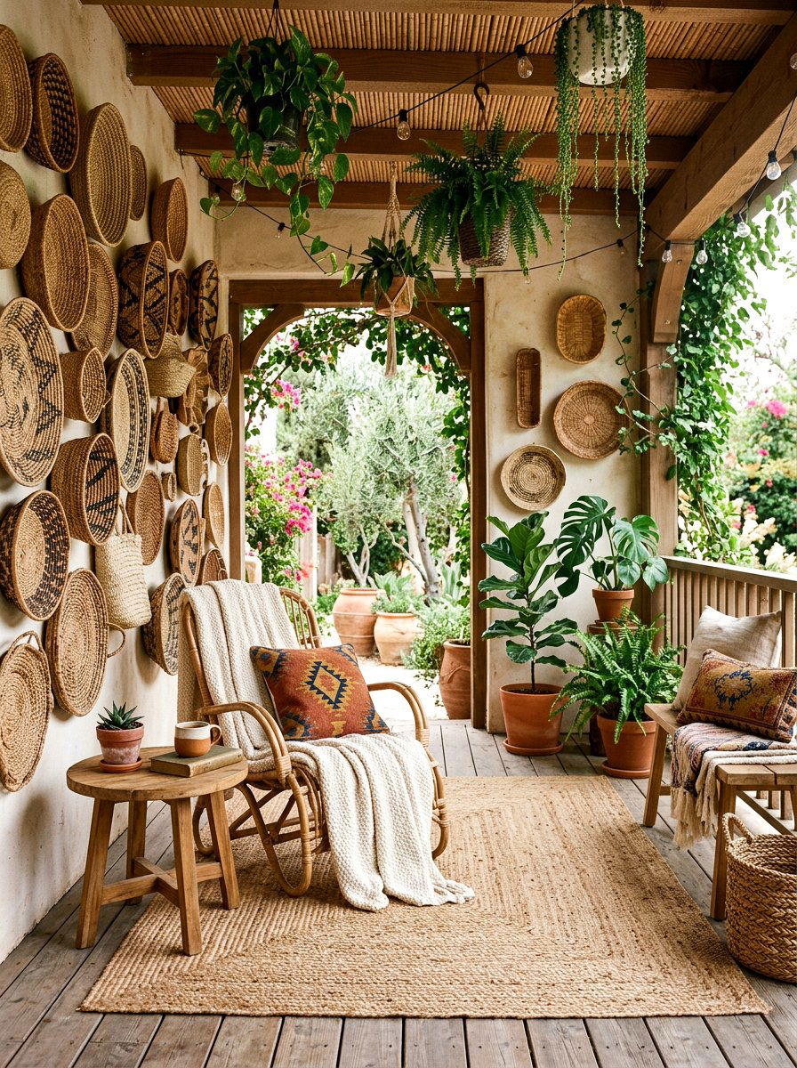 Woven Basket Display - 30 patio wall decor ideas