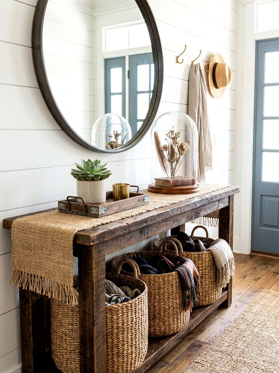 Woven Basket Entry Decor - 30 spring entry table ideas