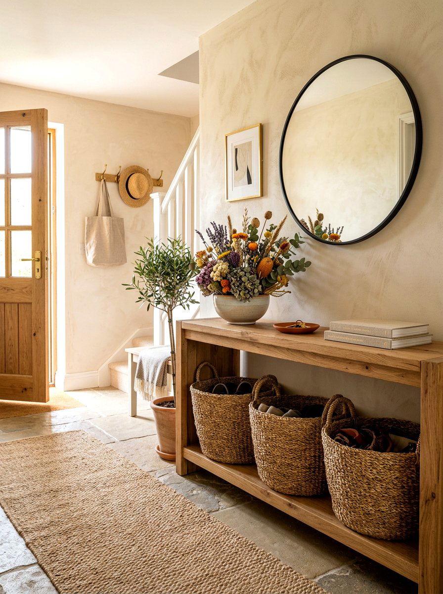 Woven Basket Entry Storage - 30 entry console styling ideas