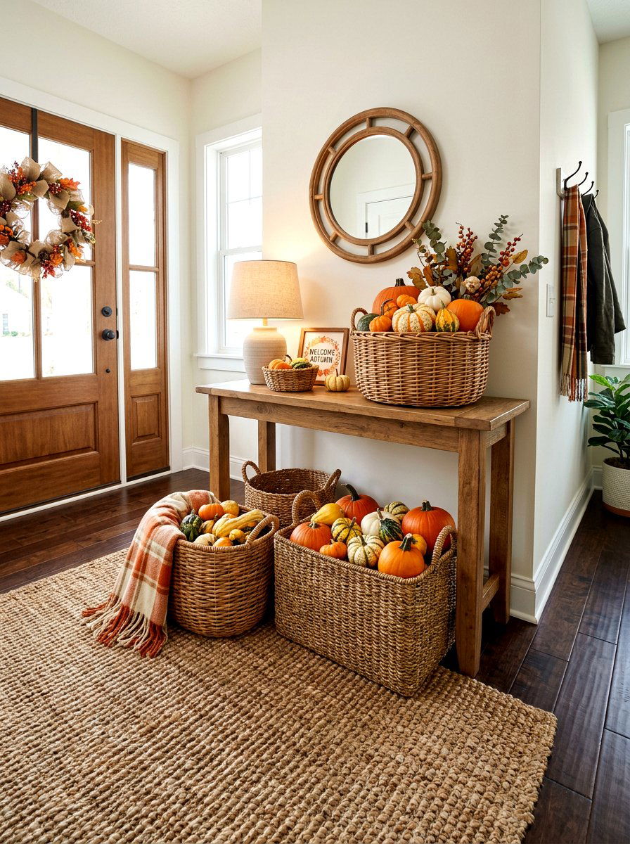 Woven Basket Fall Entryway - 30 Thanksgiving entry table ideas