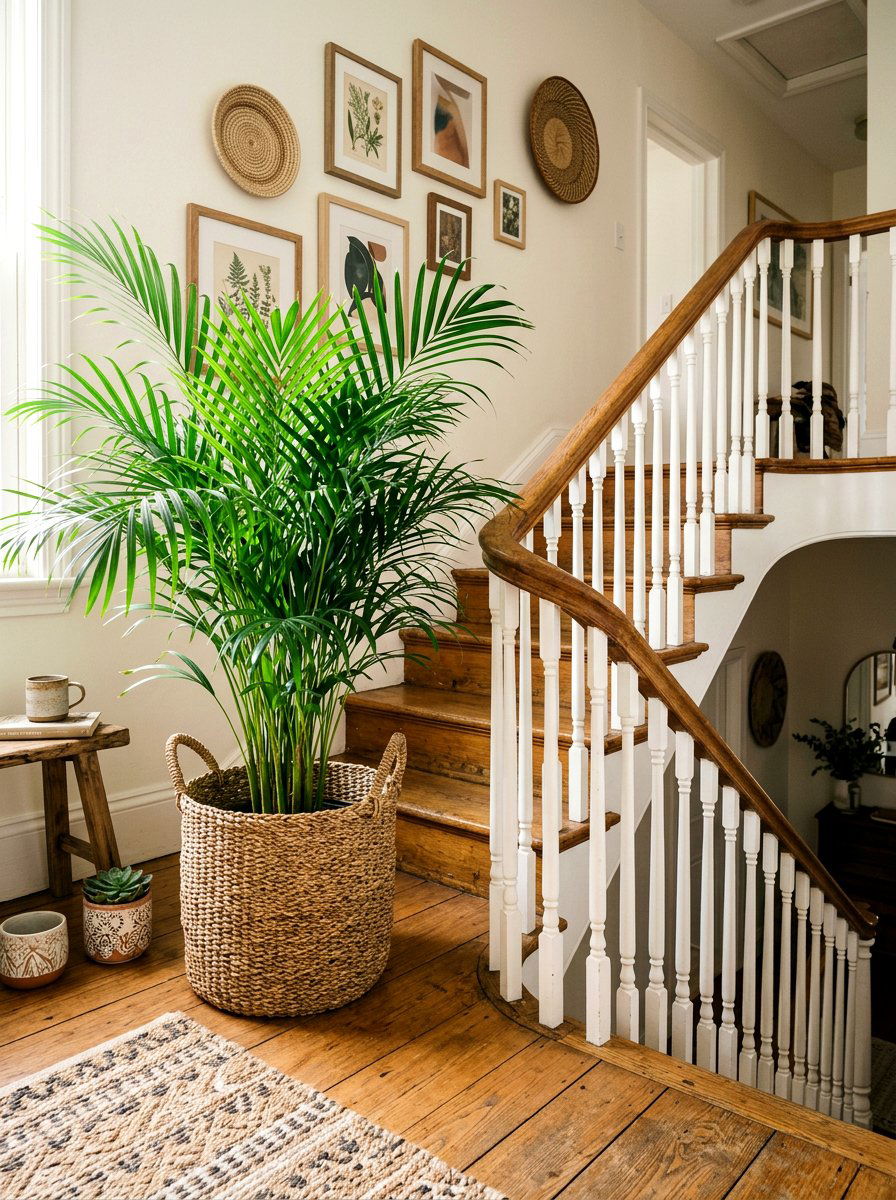 Woven Basket Floor Plant - 30 staircase plant corner ideas