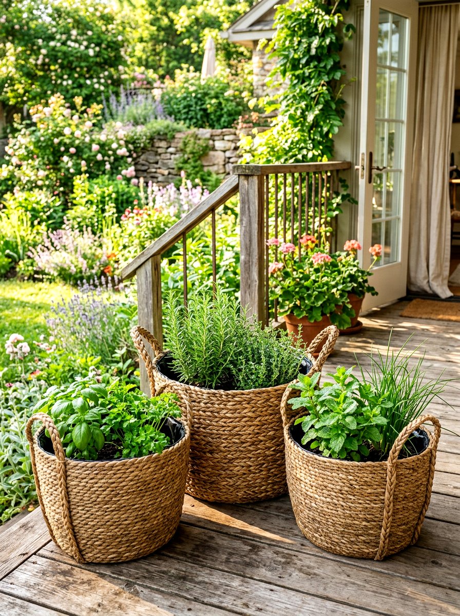 Woven Basket Herb Garden - 30 herb container garden ideas