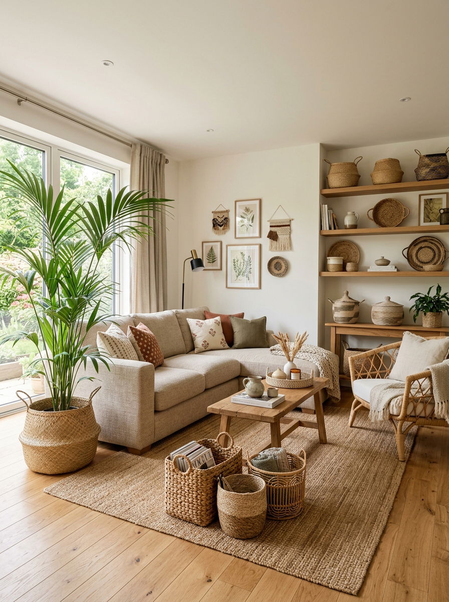 Woven Basket Living Room - 30 organic modern living space ideas