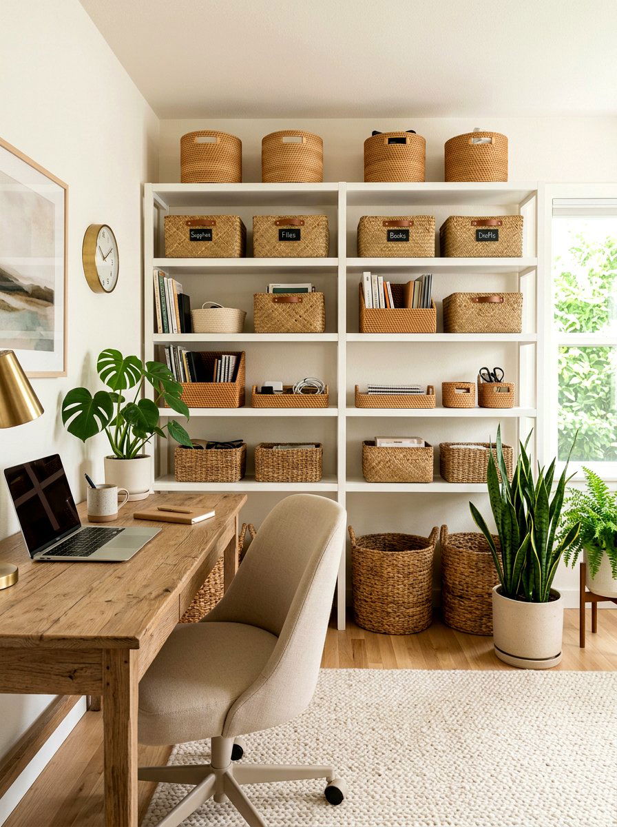 Woven Basket Office Organization - 30 calm neutral office ideas