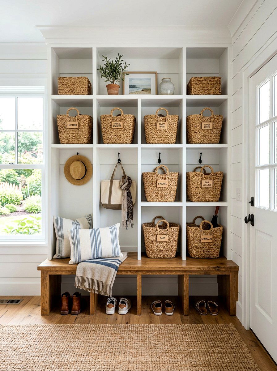 Woven Basket Organization - 30 quiet luxury mudroom ideas