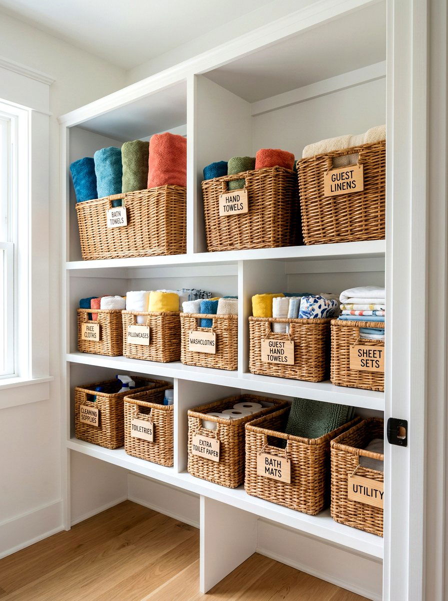 Woven Basket Organization System - 30 hallway linen closet ideas