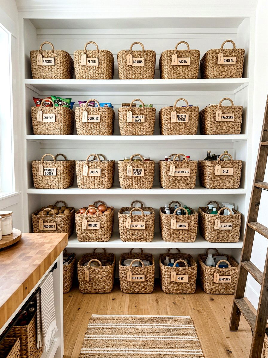 Woven Basket Pantry Organization - 30 farmhouse pantry ideas