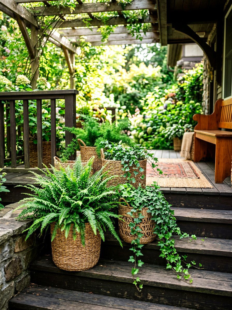 Woven Basket Plant Pot - 30 porch steps flower pot ideas