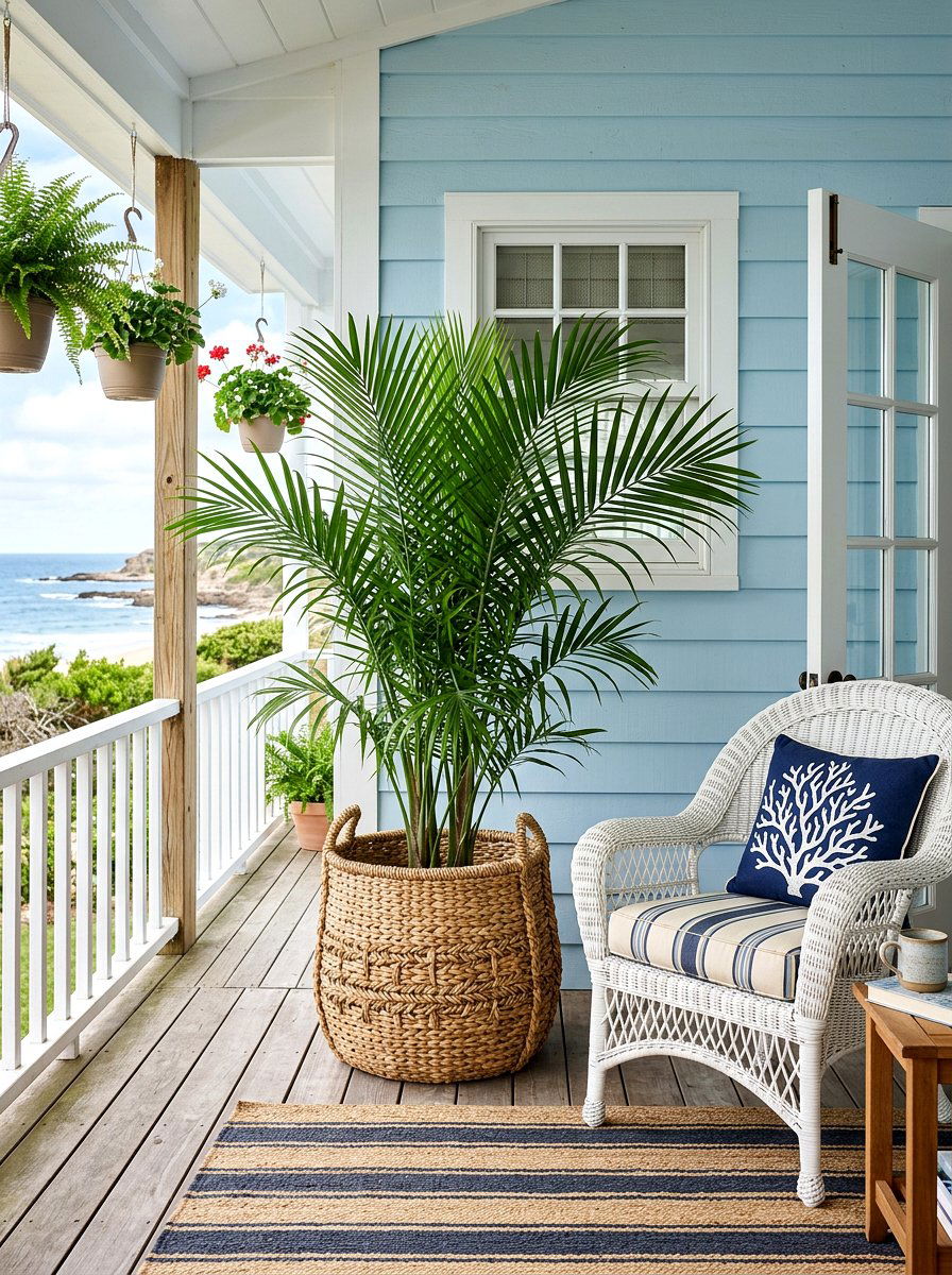 Woven Basket Planter - 30 coastal prep porch ideas