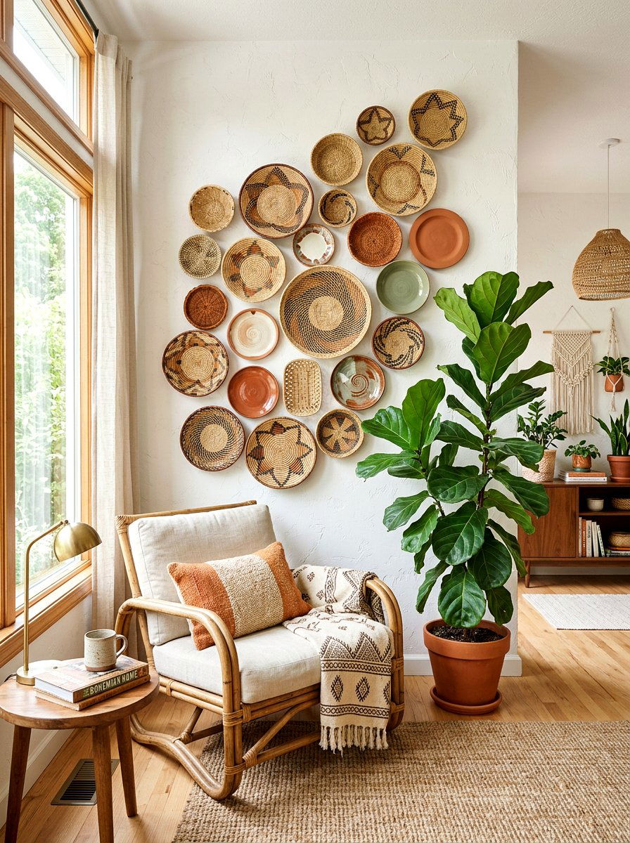 Woven Basket Plate Wall - 30 plate wall display ideas