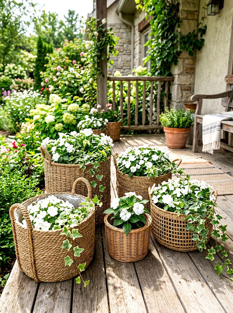 Woven Basket Porch Display - 30 porch planter arrangement ideas