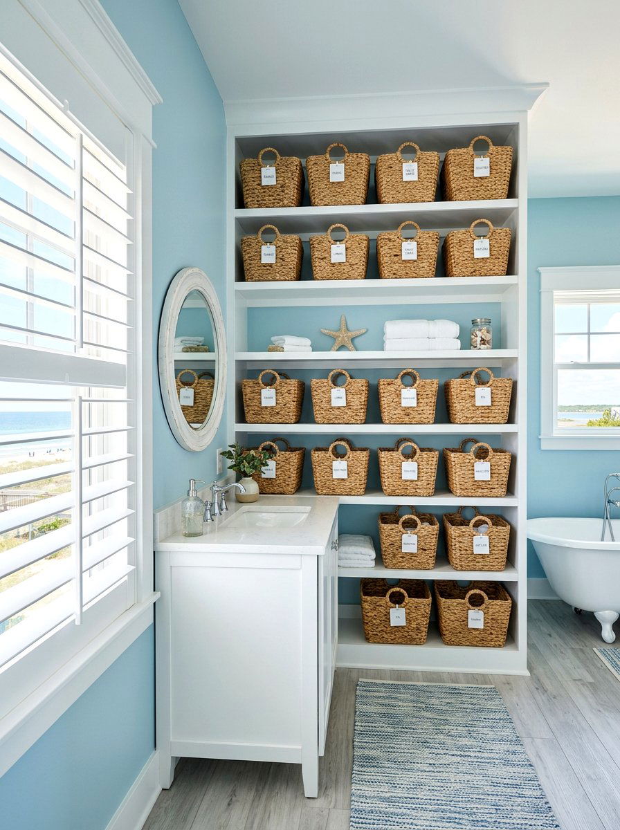 Woven Basket Shelf Organizers - 30 bathroom linen shelf ideas