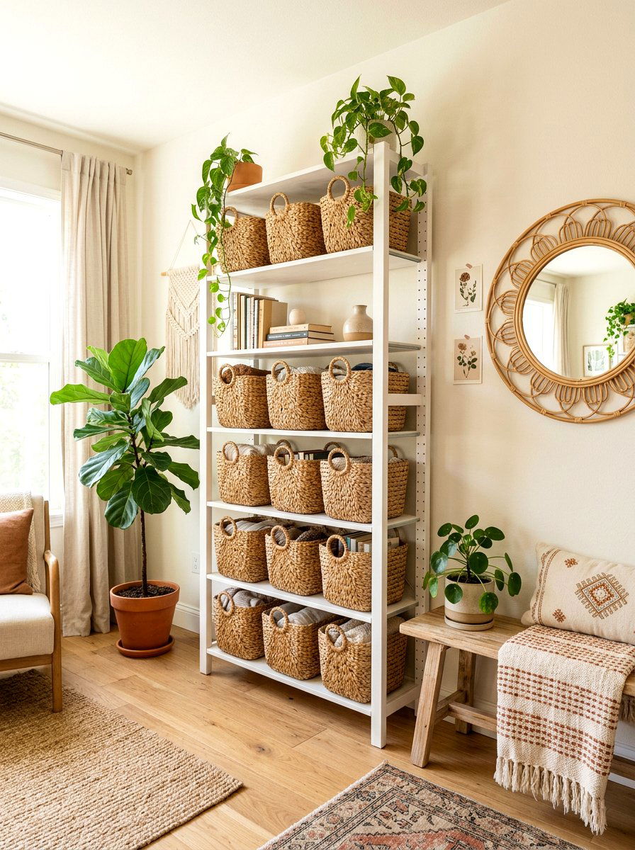 Woven Basket Shelving Unit - 30 open mudroom shelving ideas