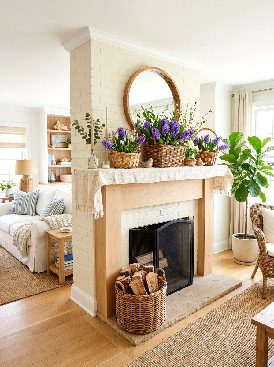 Woven Basket Spring Mantel - 30 spring mantel styling ideas