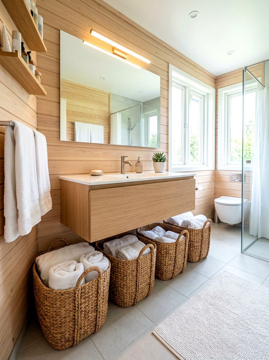 Woven Basket Storage - 30 cabin bathroom ideas
