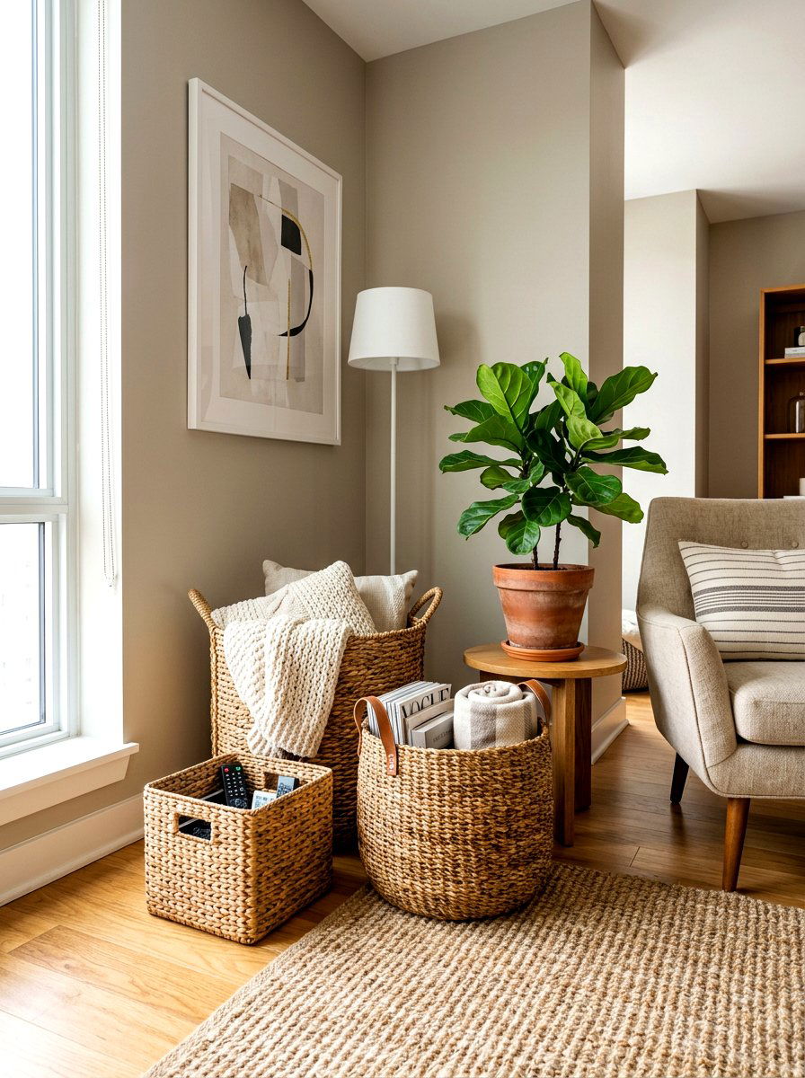 Woven Basket Storage - 30 cozy apartment corner ideas