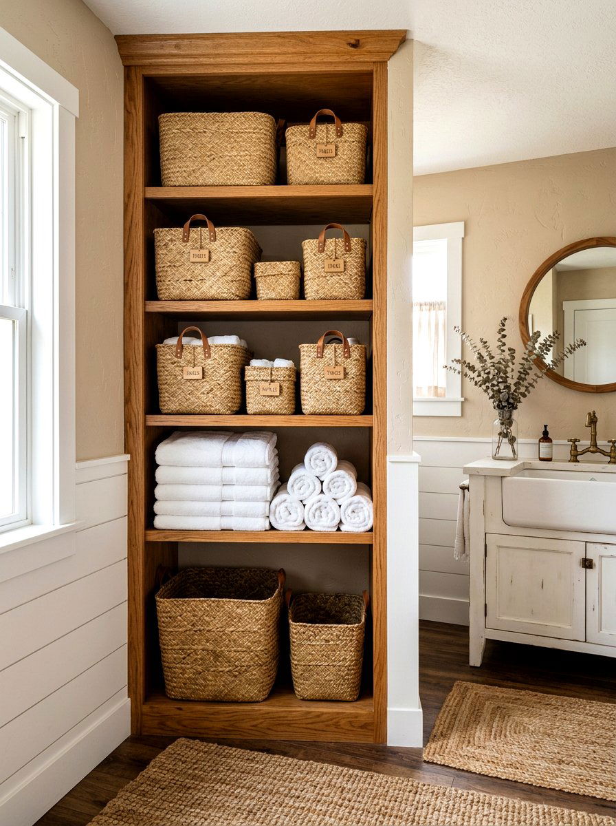 Woven Basket Storage - 30 rustic spa bathroom ideas