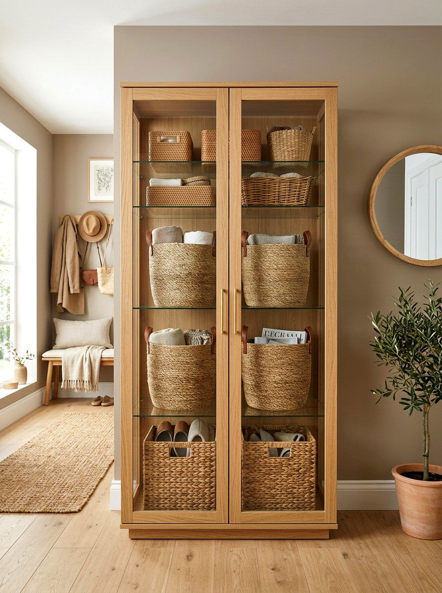 Woven Basket Storage - 30 glass cabinet decor ideas