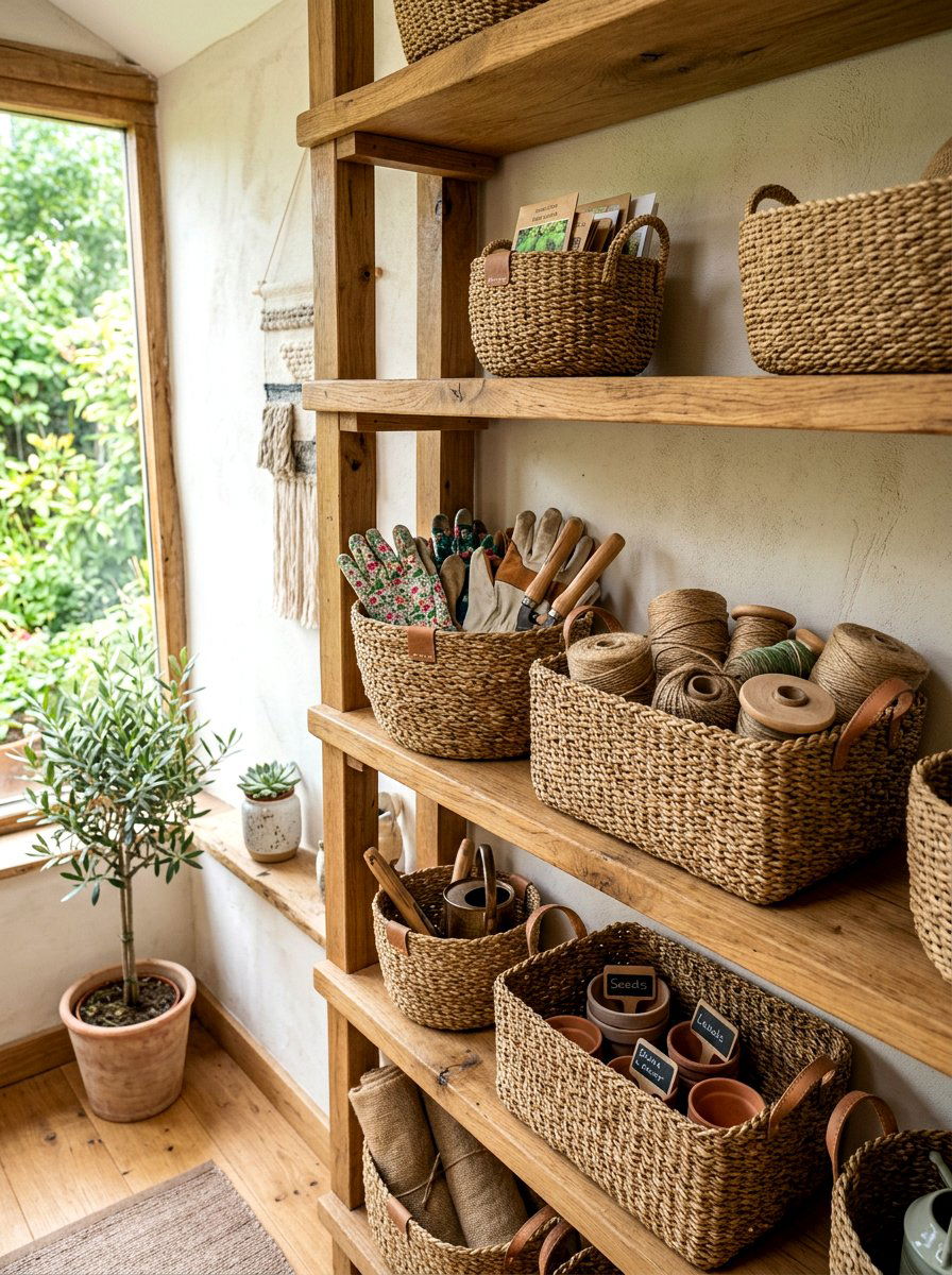 Woven Basket Storage - 30 greenhouse potting area ideas