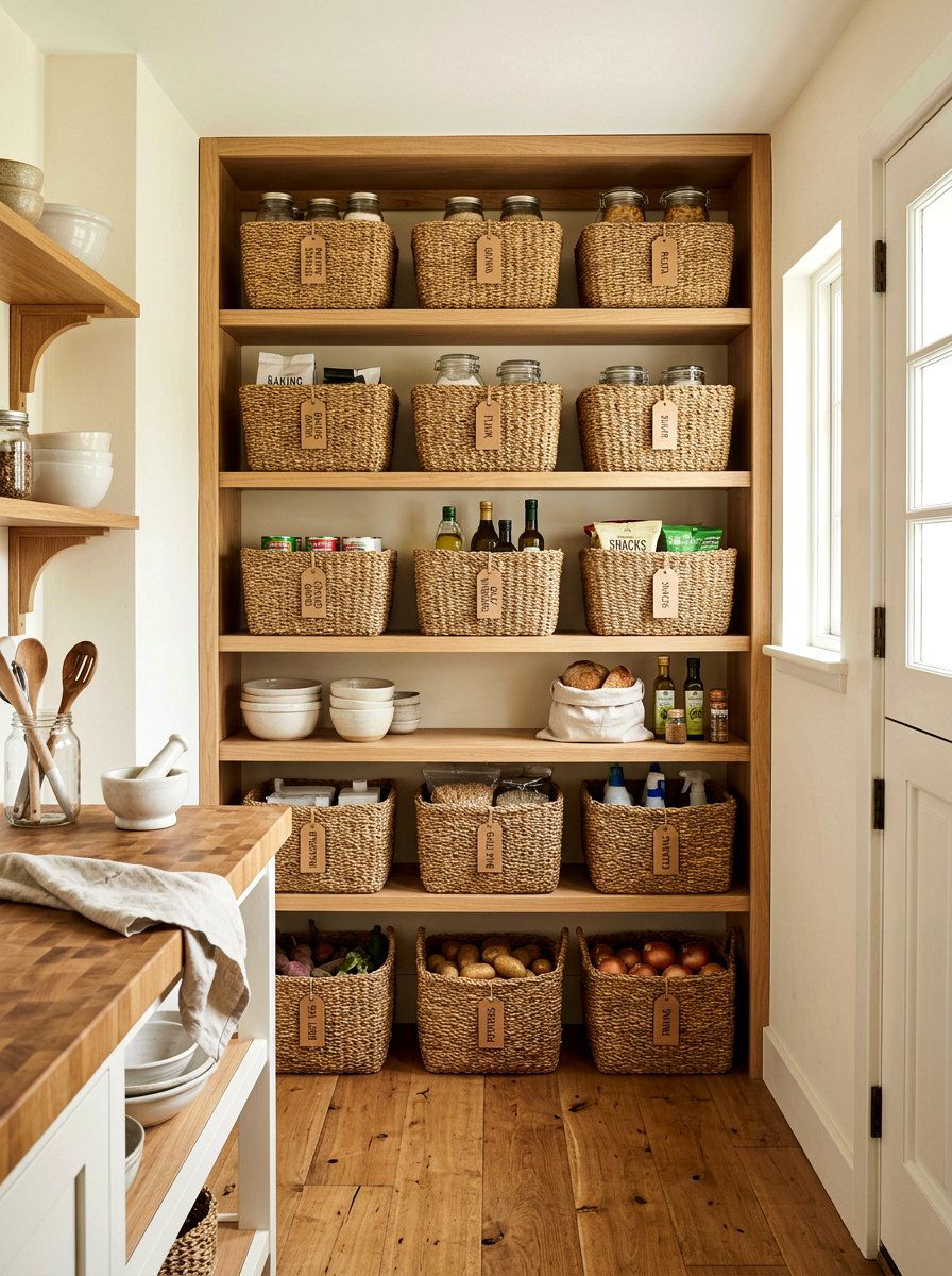 Woven Basket Storage Shelf - 30 French cottage kitchen shelf ideas