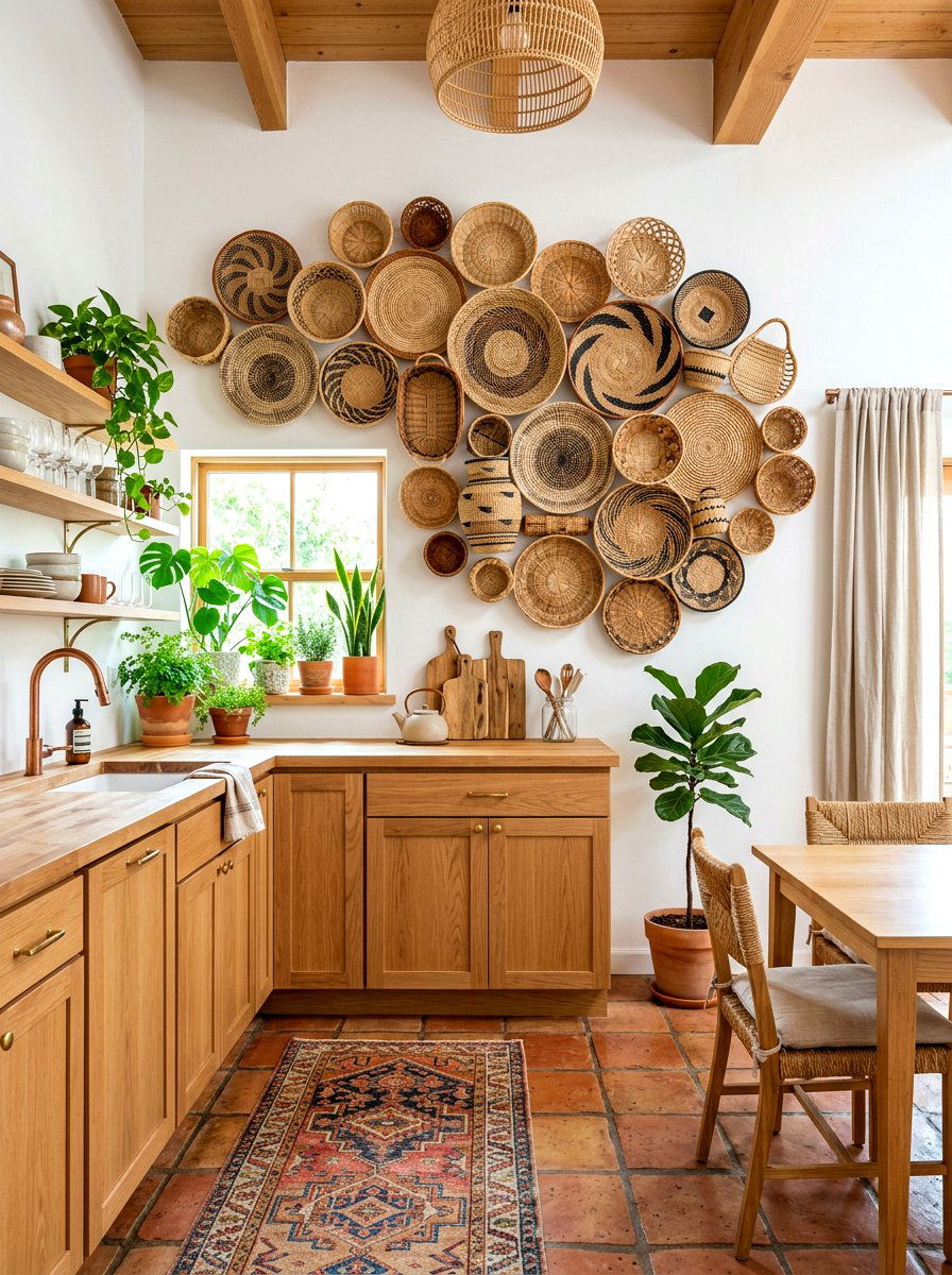 Woven Basket Wall - 30 kitchen wall decor ideas