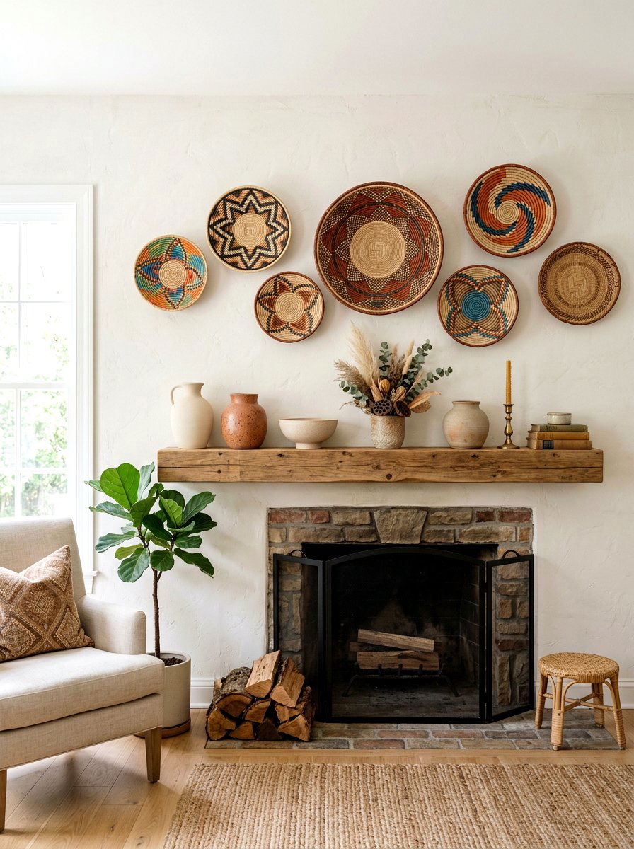 Woven Basket Wall - 30 vintage mantel styling ideas