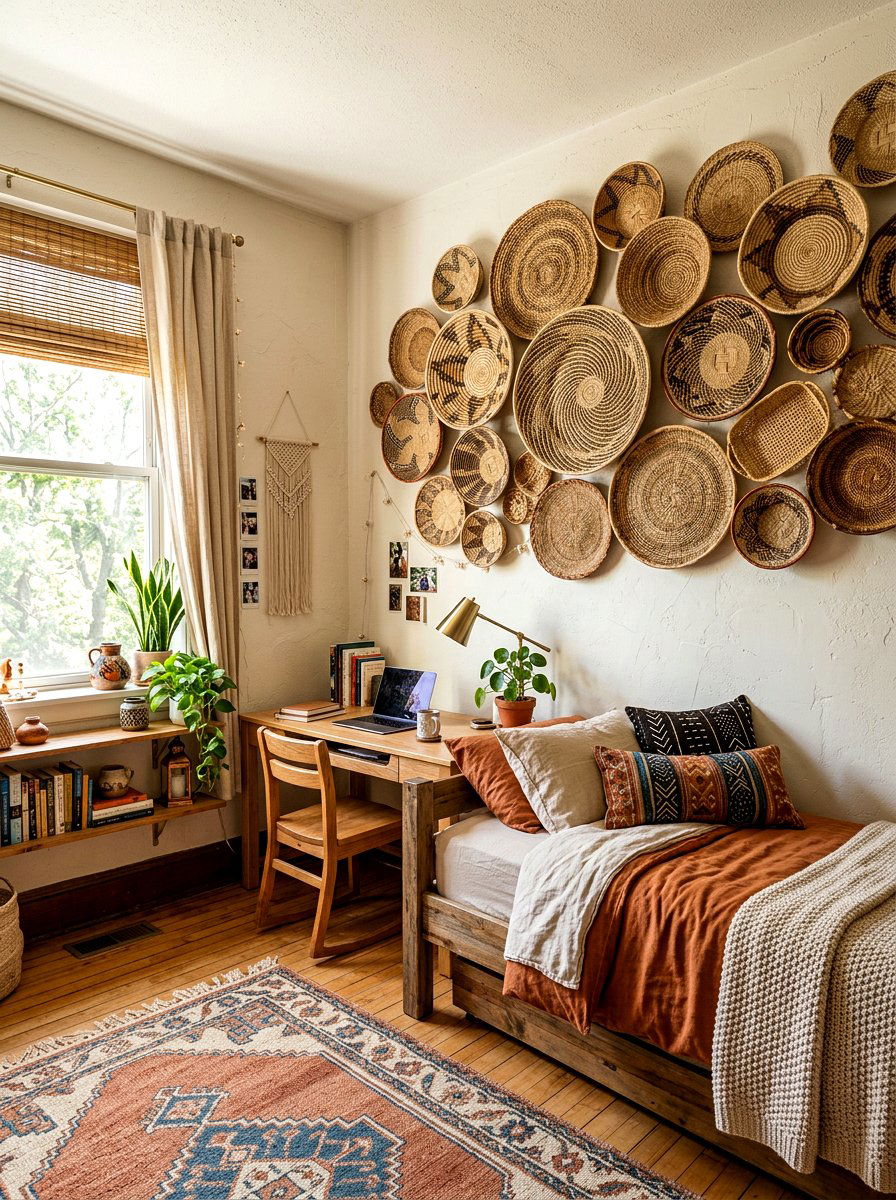 Woven Basket Wall Art - 30 dorm wall decor ideas