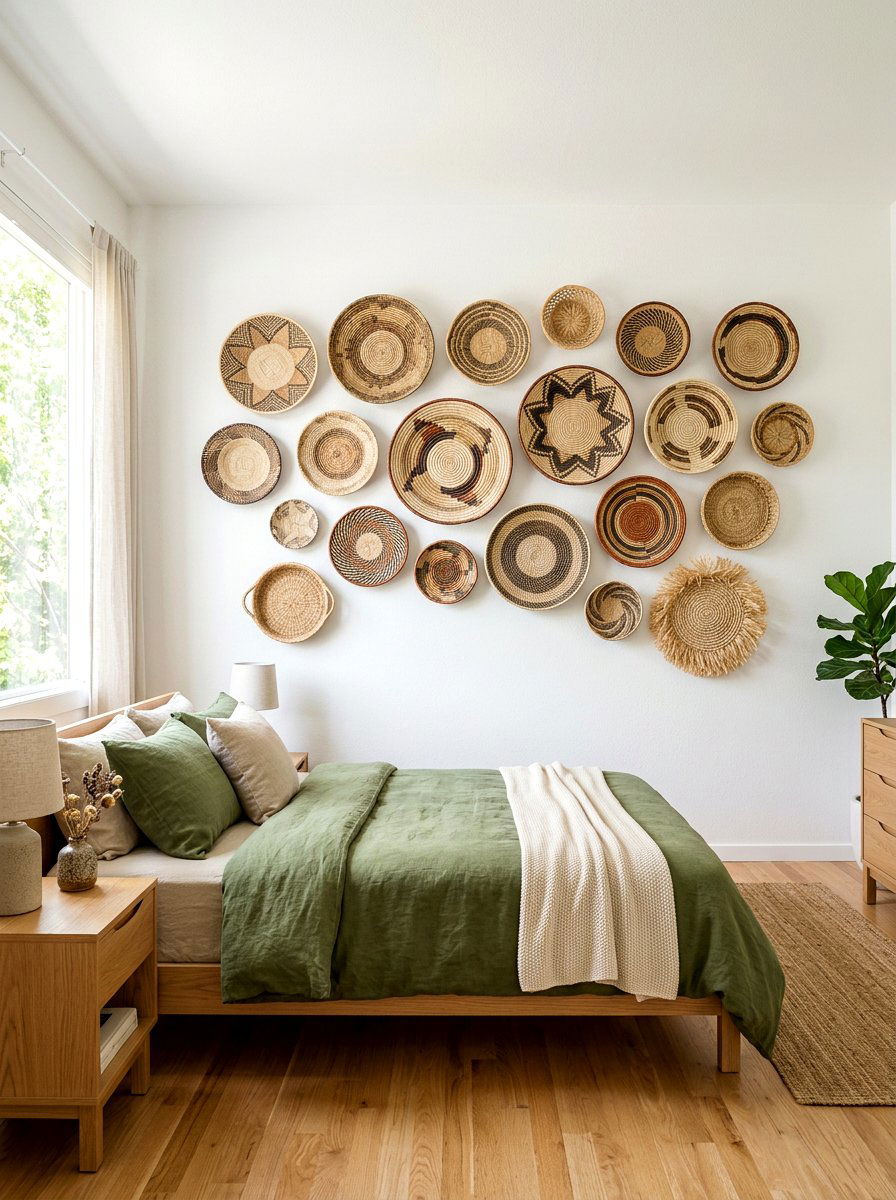Woven Basket Wall Art - 30 earthy minimalist bedroom ideas