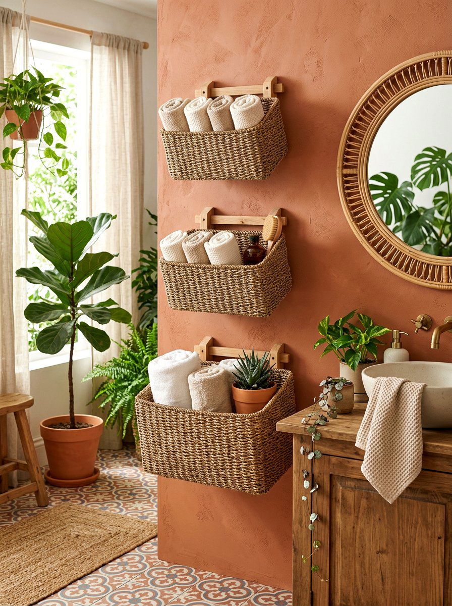 Woven Basket Wall Shelf - 30 spa shelf bathroom ideas