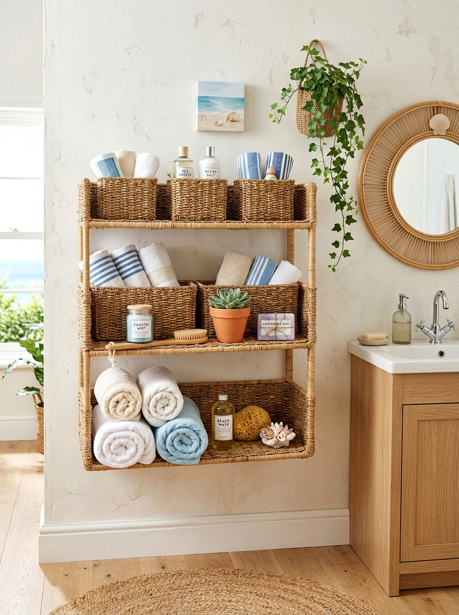 Woven Basket Wall Shelf - 30 bathroom shelf decor ideas