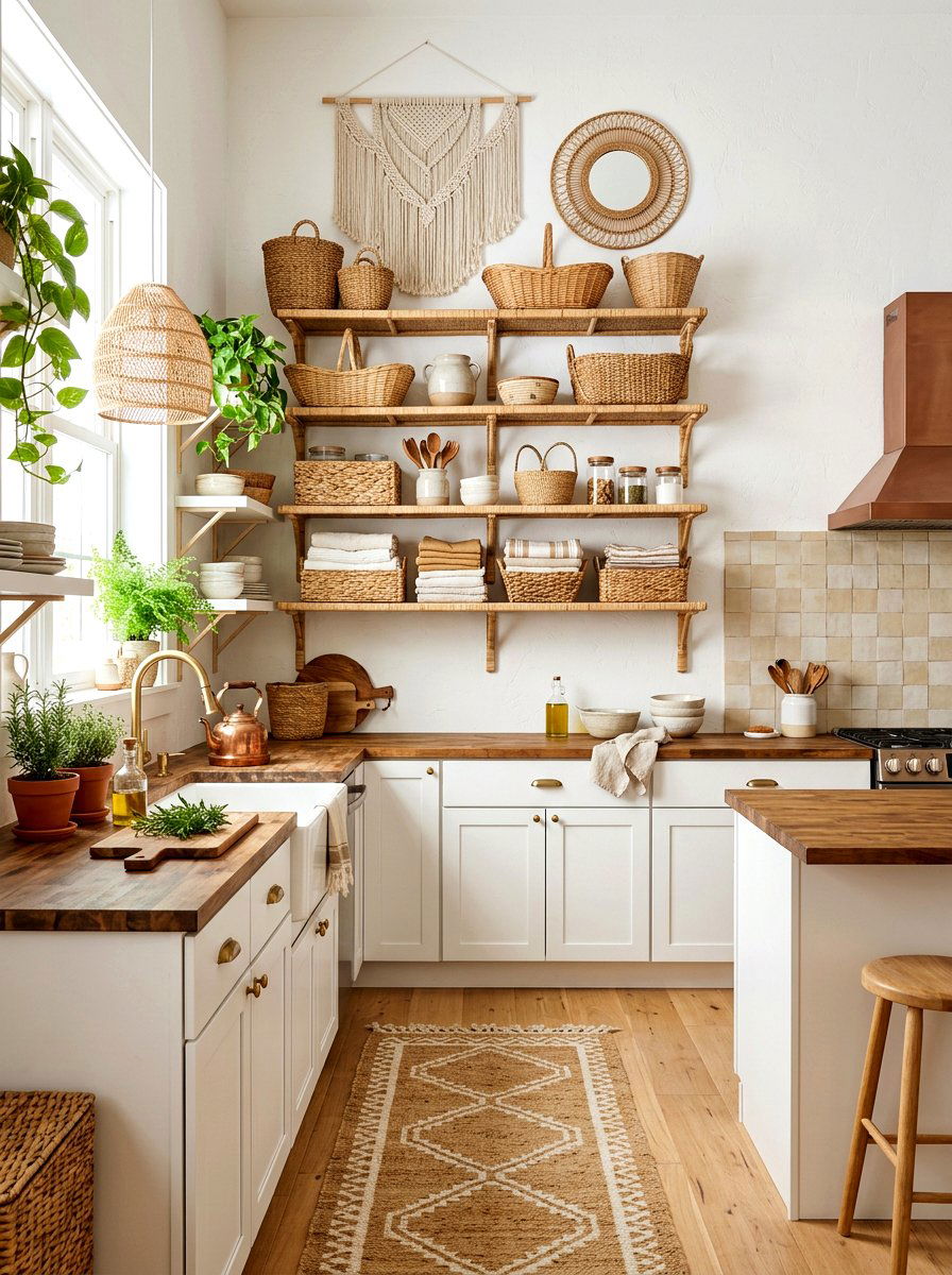 Woven Basket Wall Shelves - 30 vintage kitchen shelf ideas