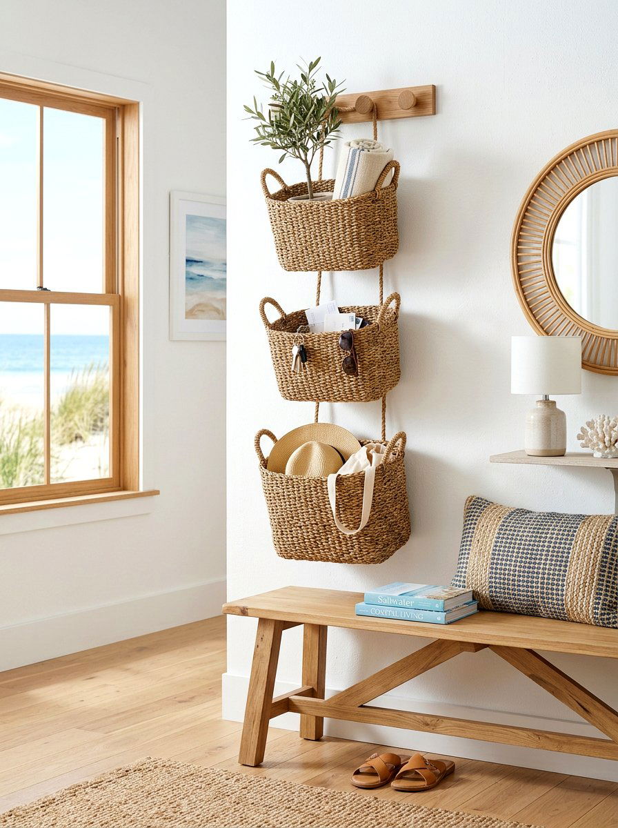 Woven Basket Wall Storage - 30 slim foyer storage ideas