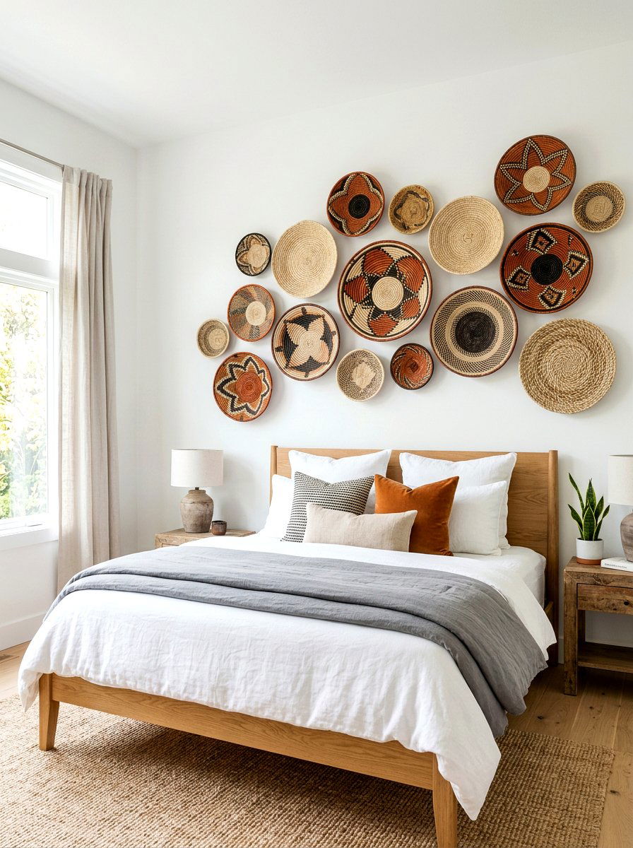 Woven Basket Wall - 30 boho bedroom ideas