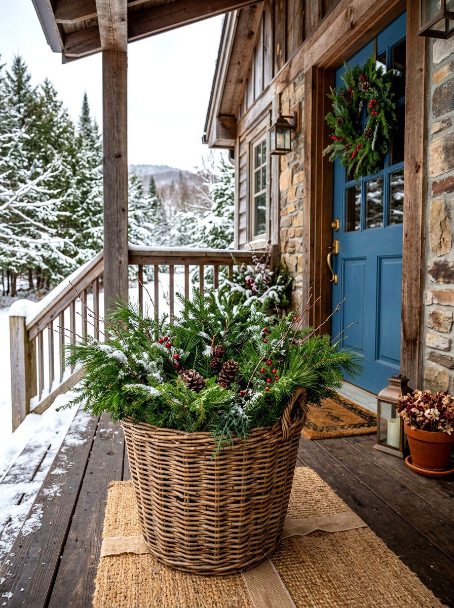 Woven Basket Winter Foliage - 30 winter porch planter ideas